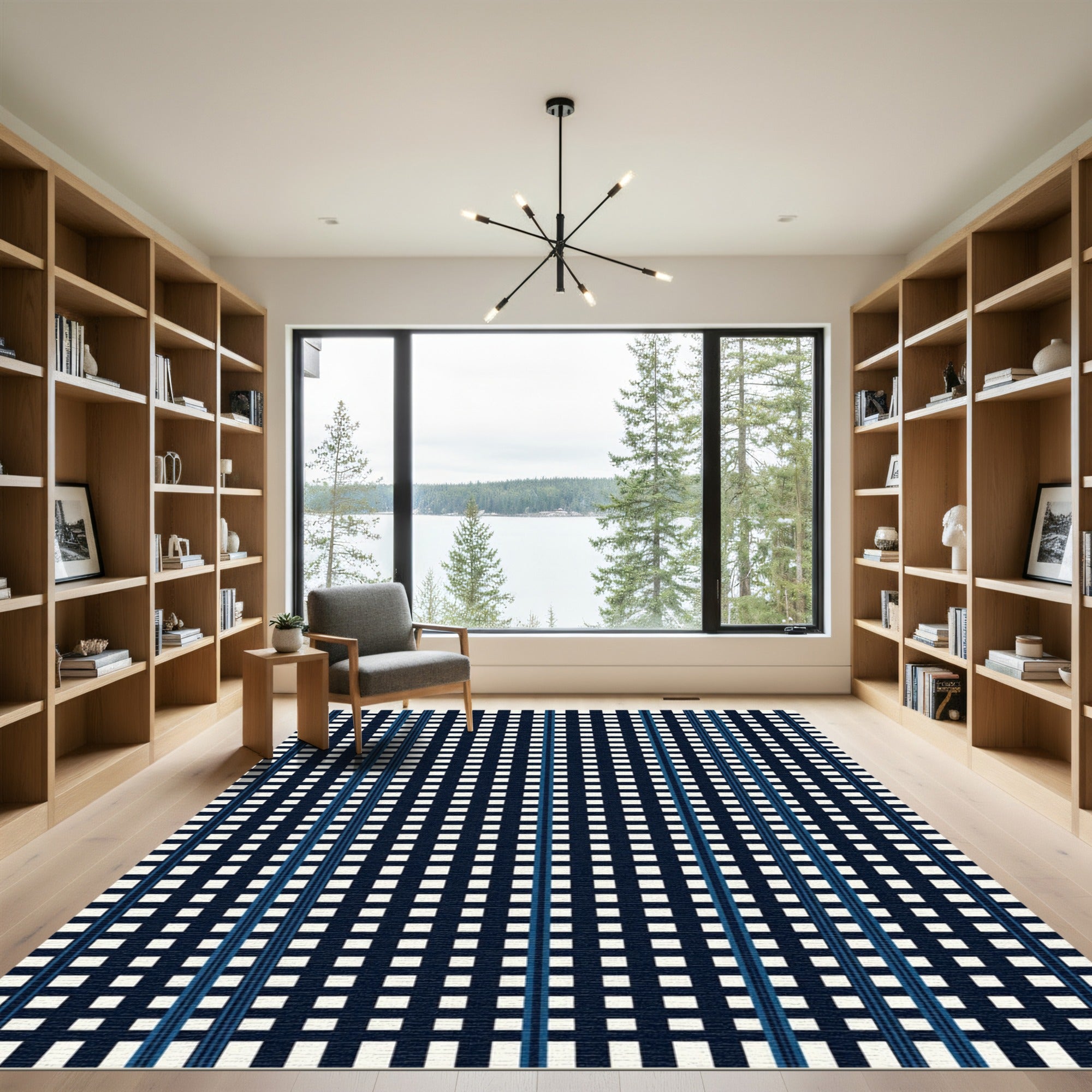 Navy Blue White Grid Stripe Rug