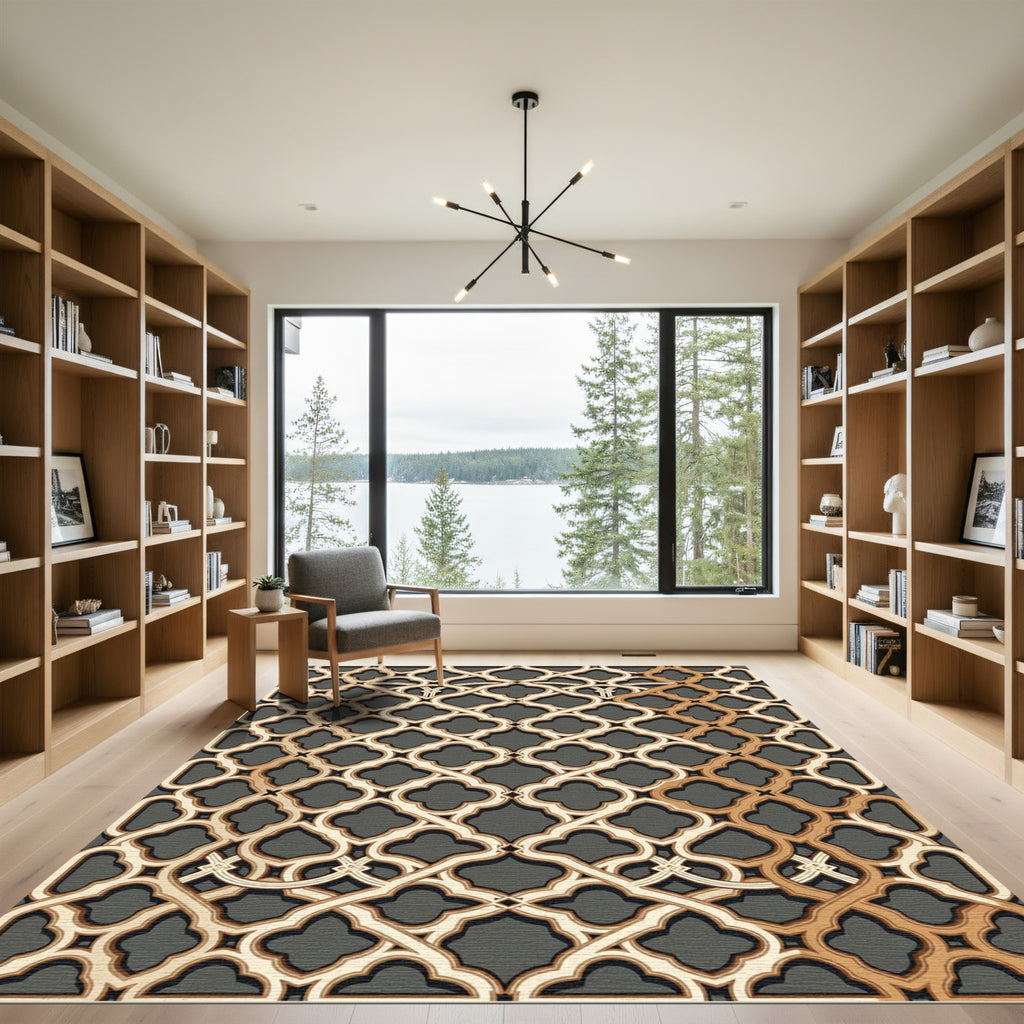 Elegant Gold Trellis Lattice Layered Rug
