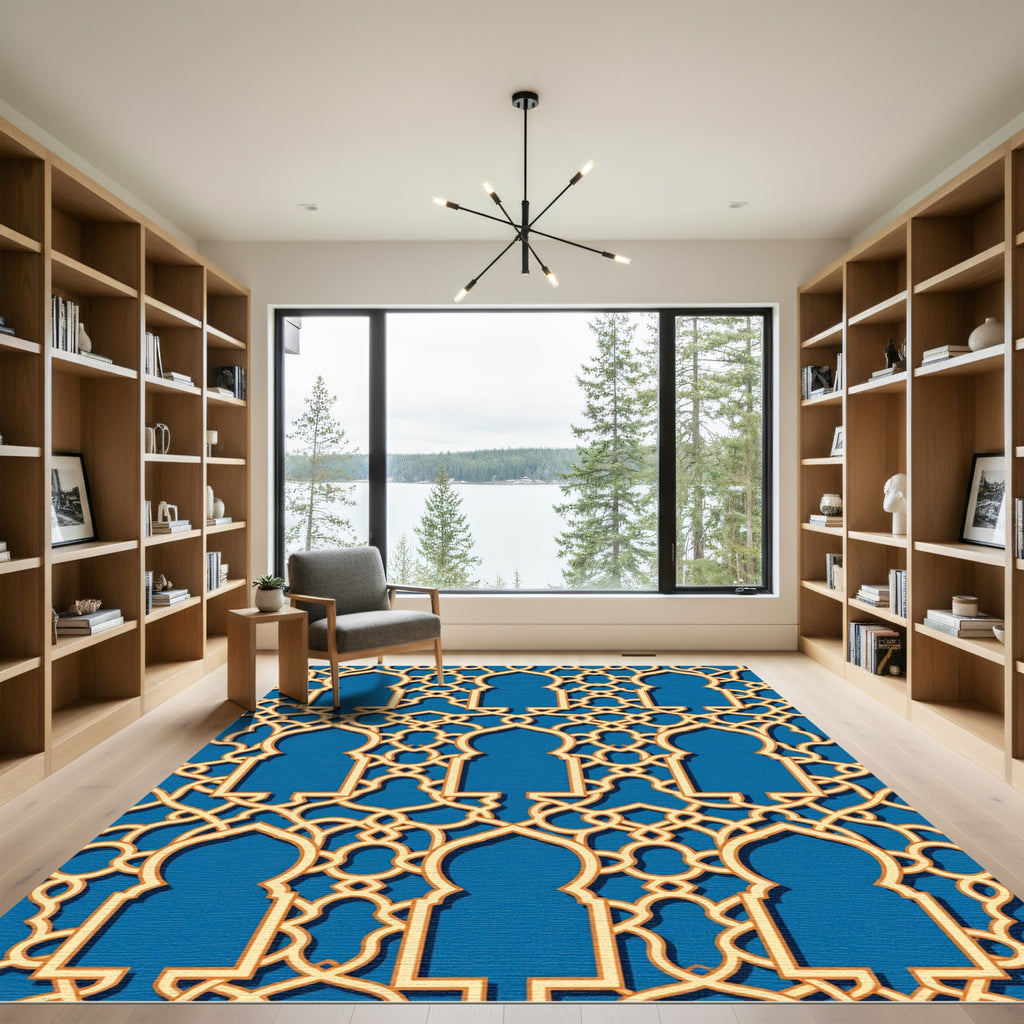 Golden Lattice Arch In Royal Blue Rug