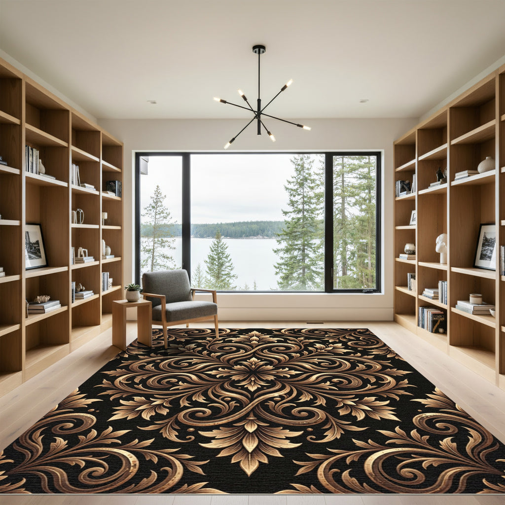 Elegant Gold Ornate Filigree Damask Rug