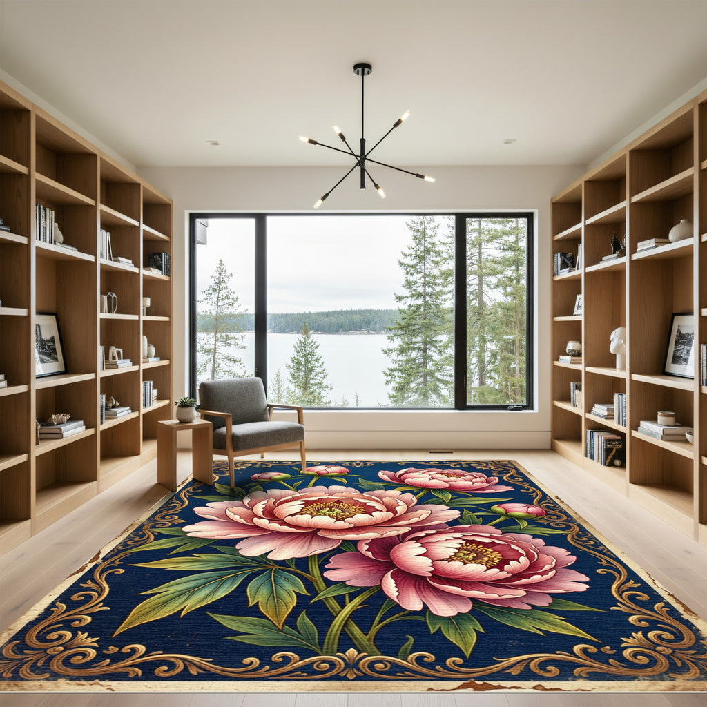 Elegant Pink Peony Floral Navy Rug