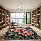 Elegant Pink Peony Floral Navy Rug