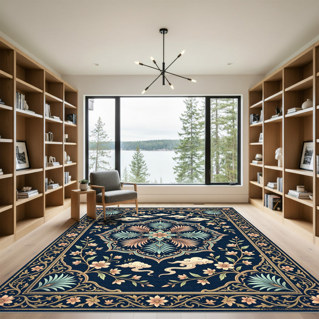 Midnight Floral Medallion with Serene Clouds Rug