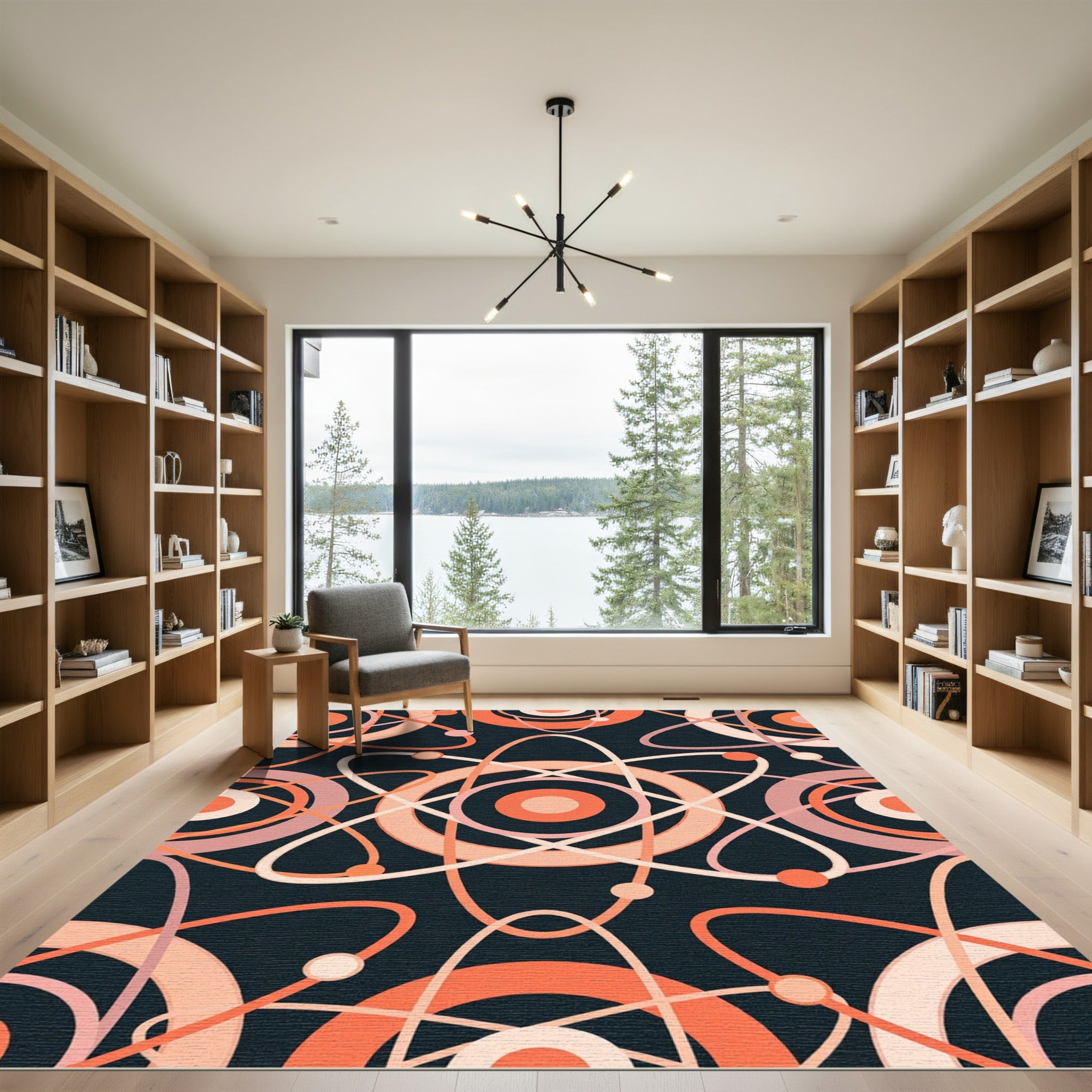 Retro Atomic Orange Orbital Rug