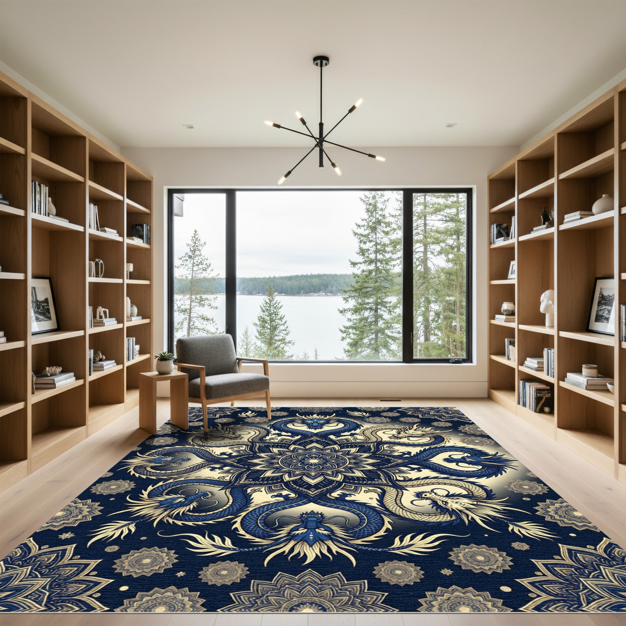Majestic Navy Blue Dragon Mandala Rug