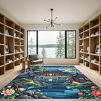Serene Pagoda Garden with Blooming Peonies Rug