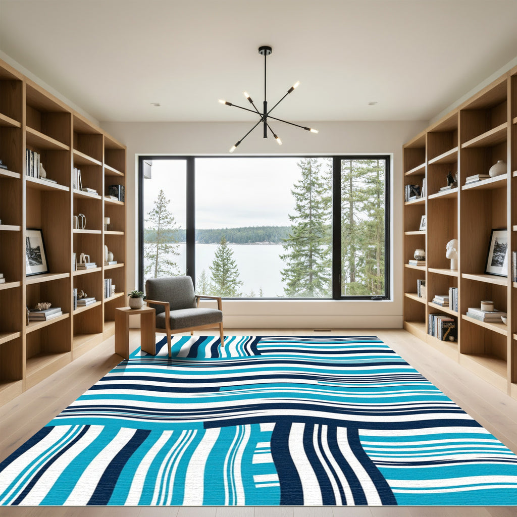Modern Azure Navy Abstract Wave Rug