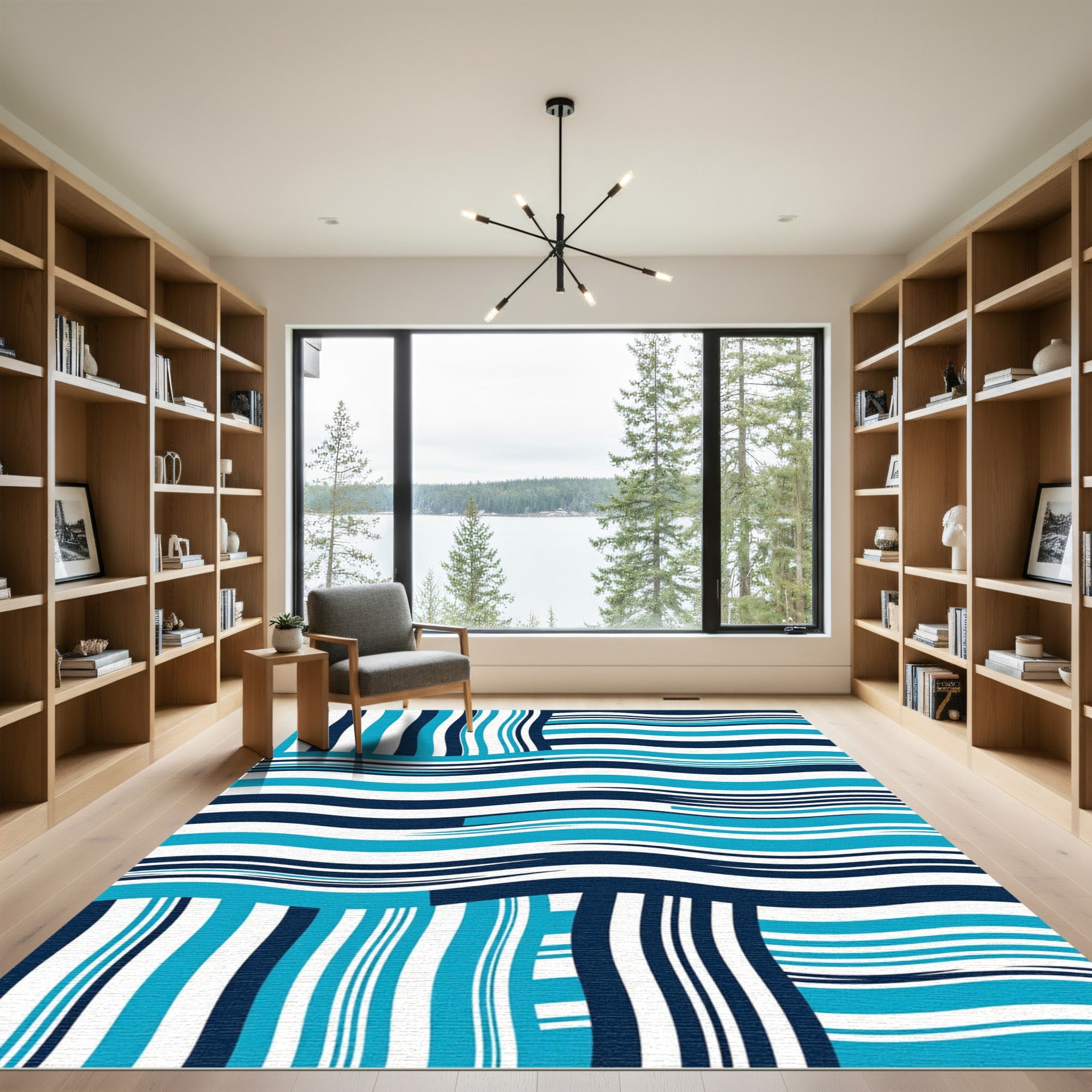 Modern Azure Navy Abstract Wave Rug