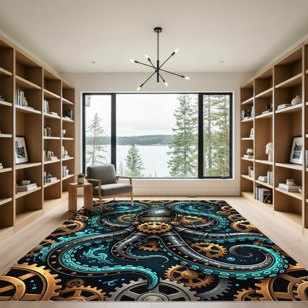 Steampunk Mechanical Octopus Teal Gear Art Rug