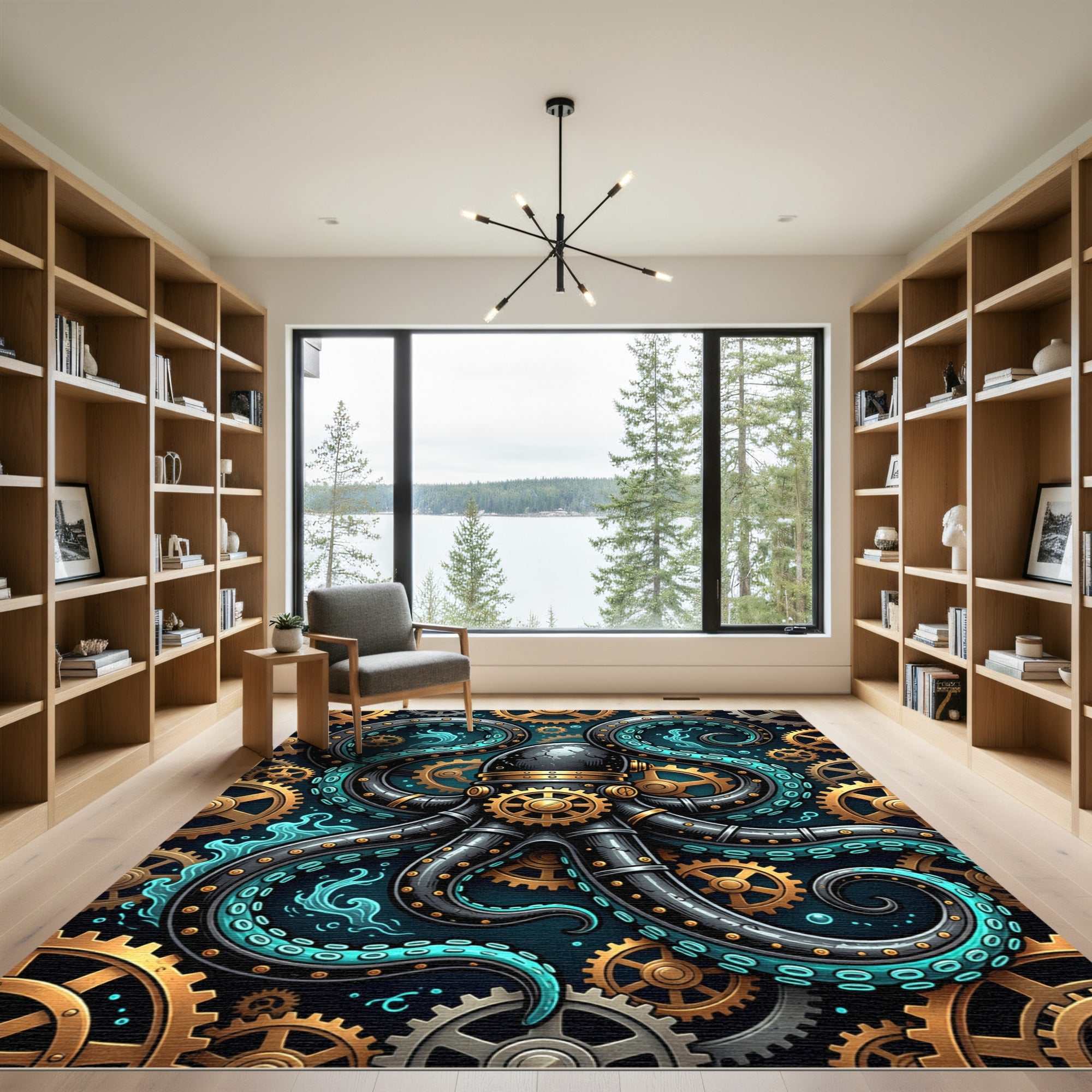 Steampunk Mechanical Octopus Teal Gear Art Rug
