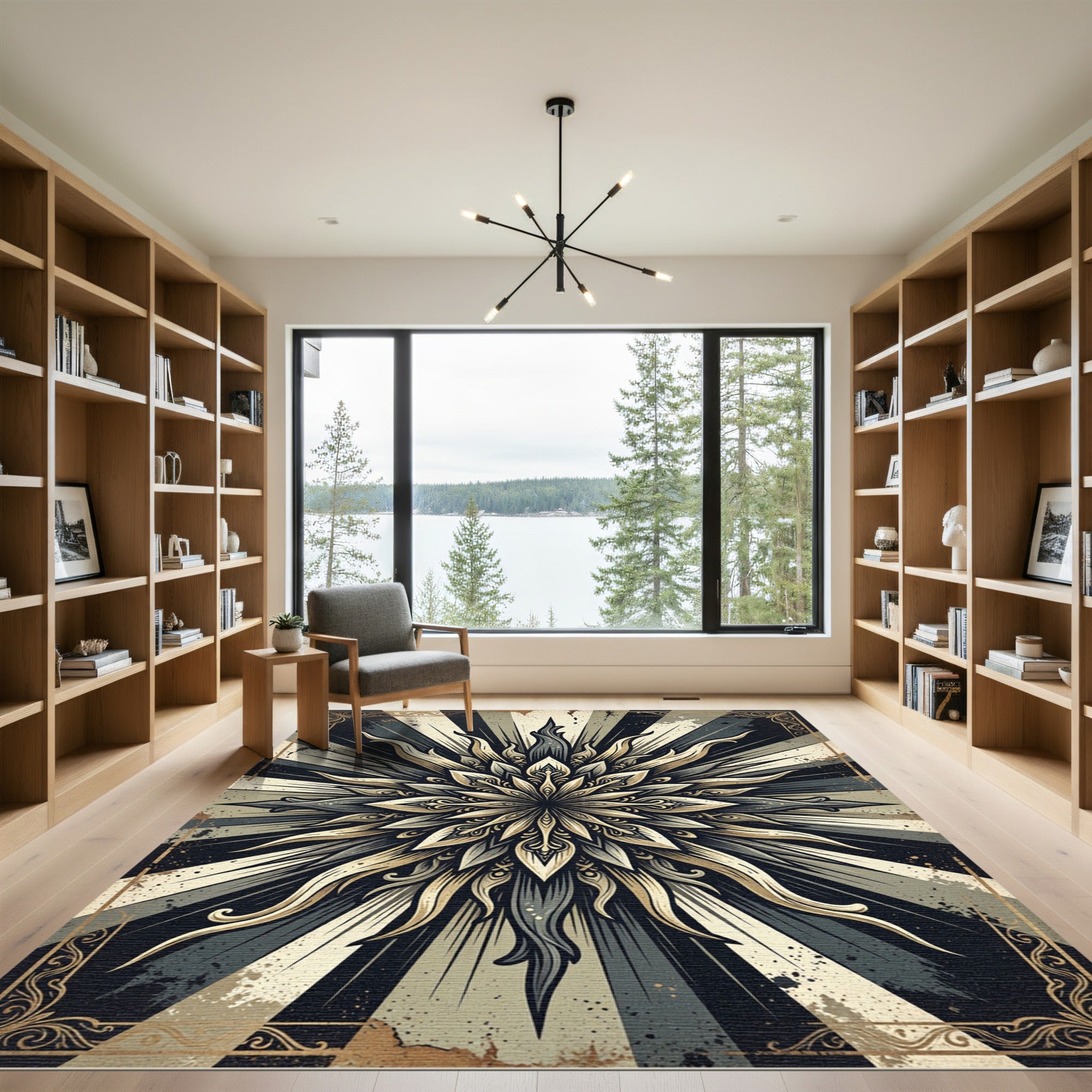 Golden Sunburst Ornate Monochrome Mandala Rug