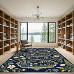 Elegant Navy Floral Frame Botanical Rug