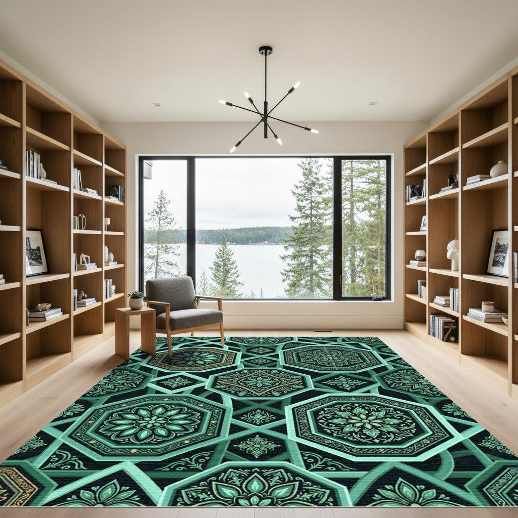 Emerald Geometric Octagon Tile Art Rug