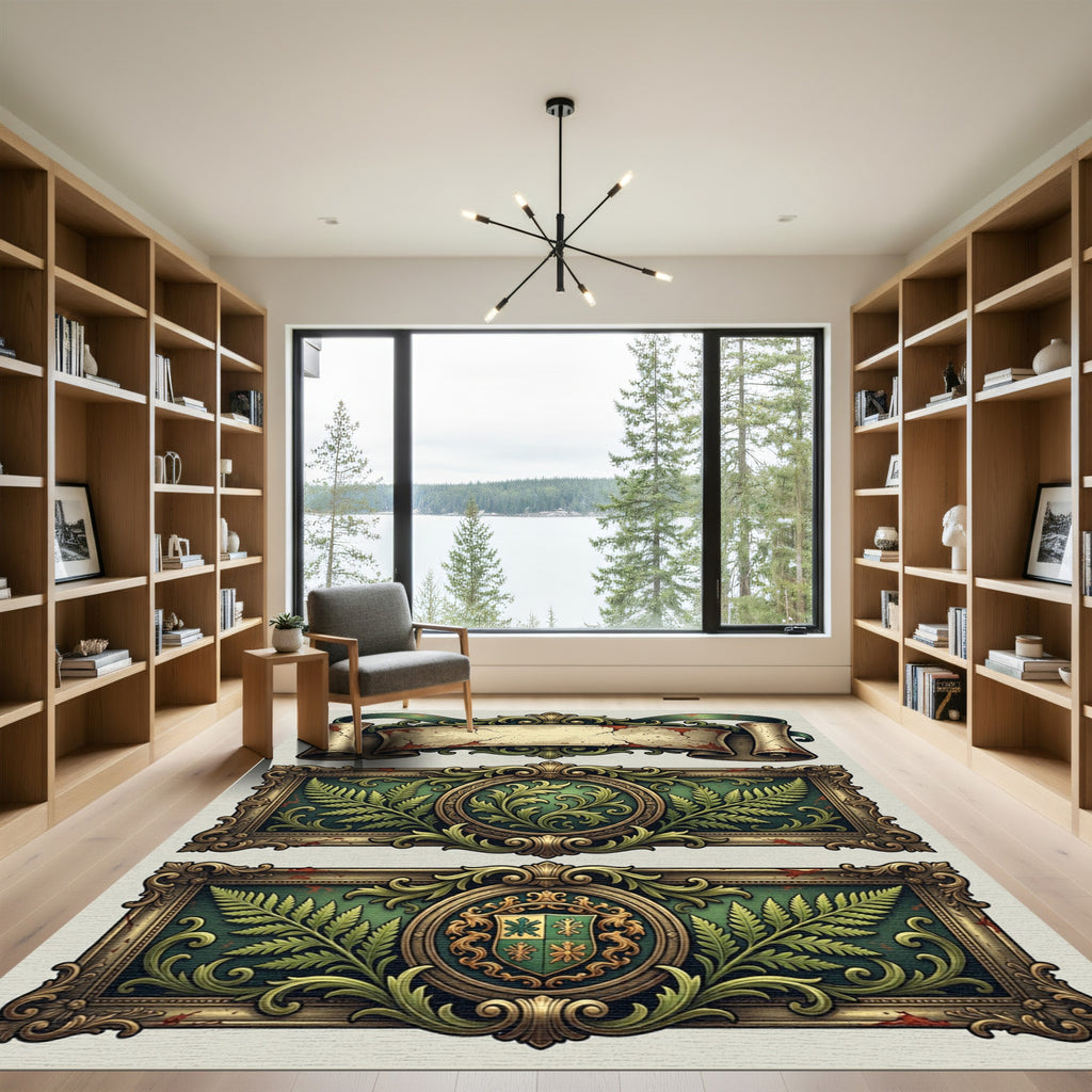 Ornate Green Gold Fern Crest Border Rug