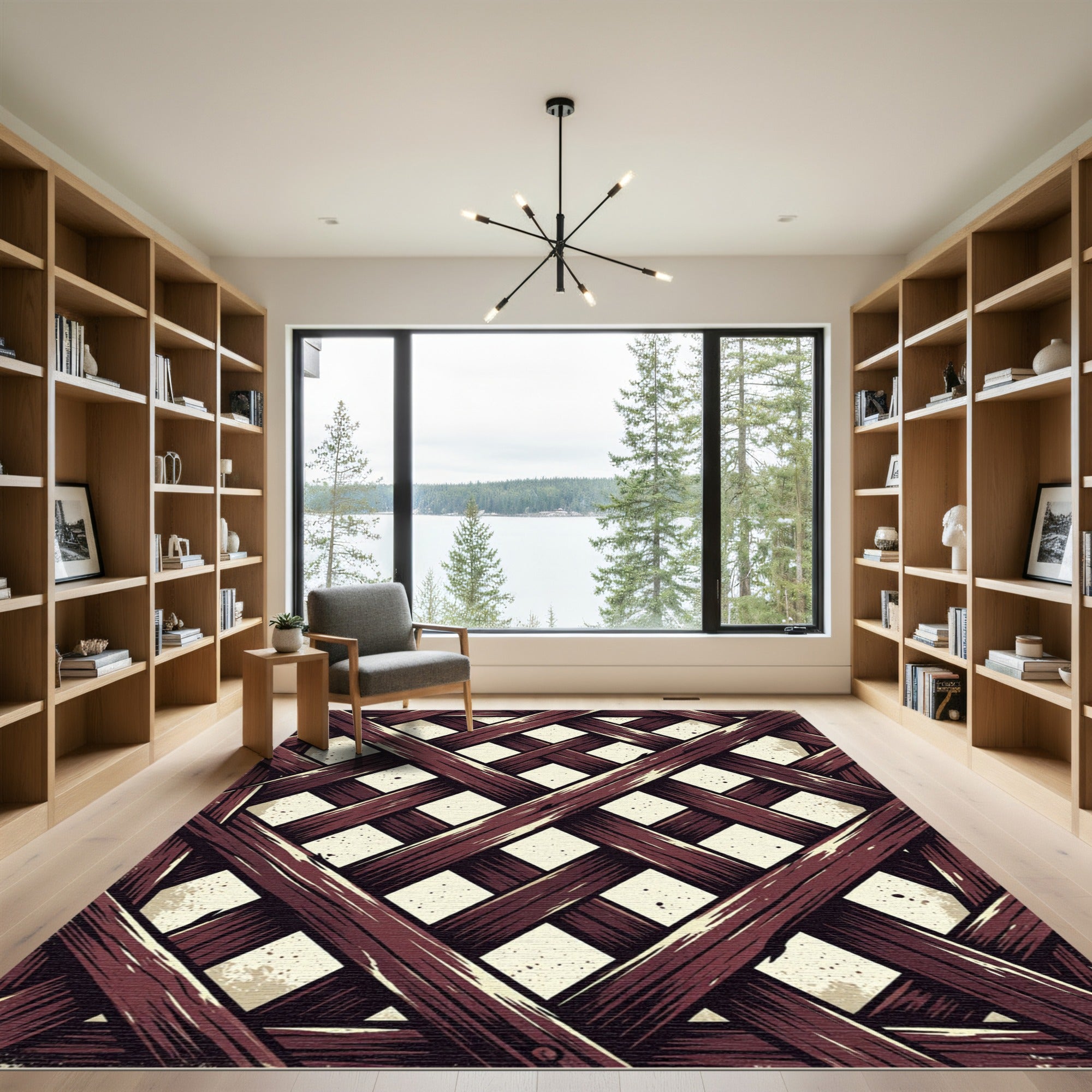 Rustic Deep Maroon Crossed Lattice Rug