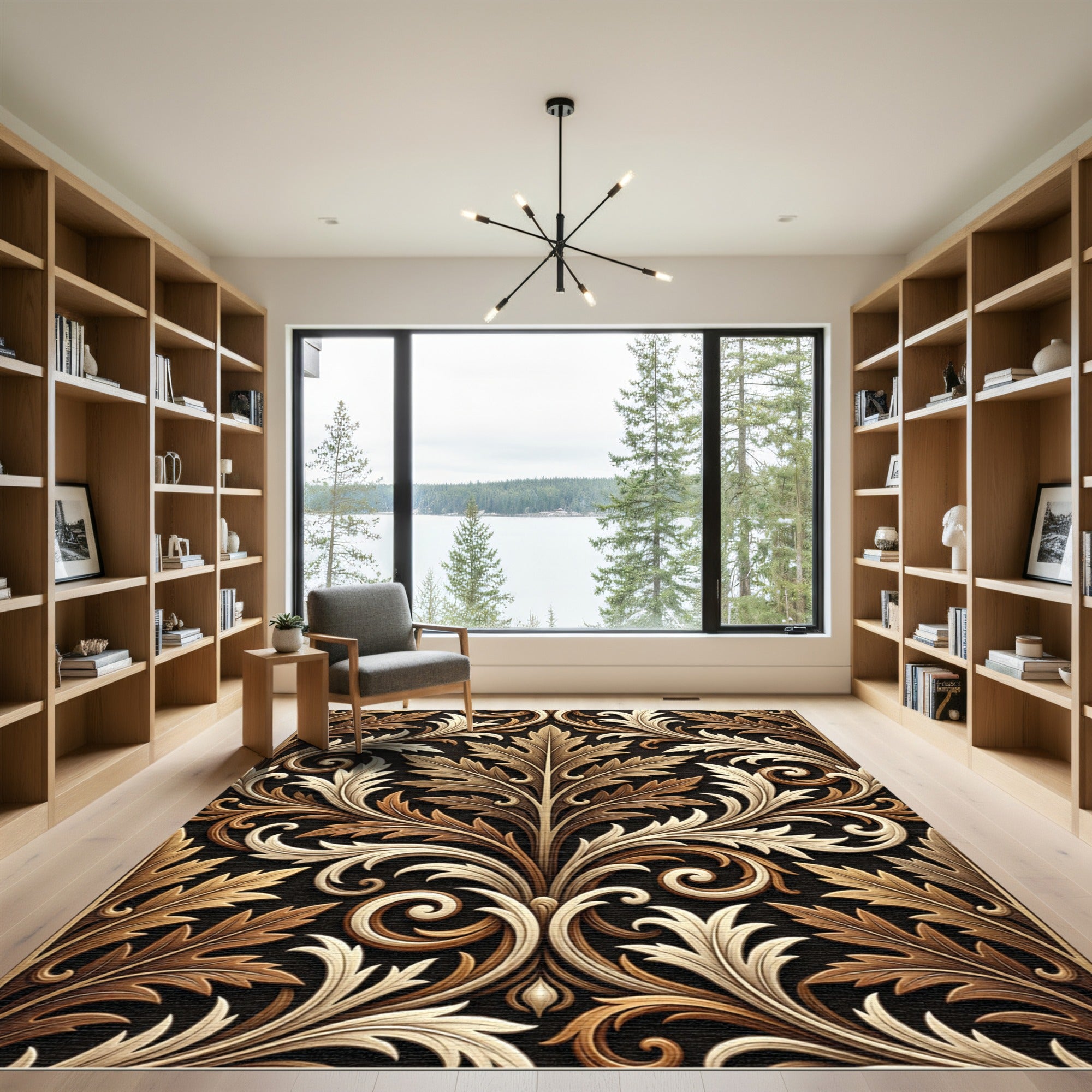 Luxe Black Golden Leaf Scroll Rug