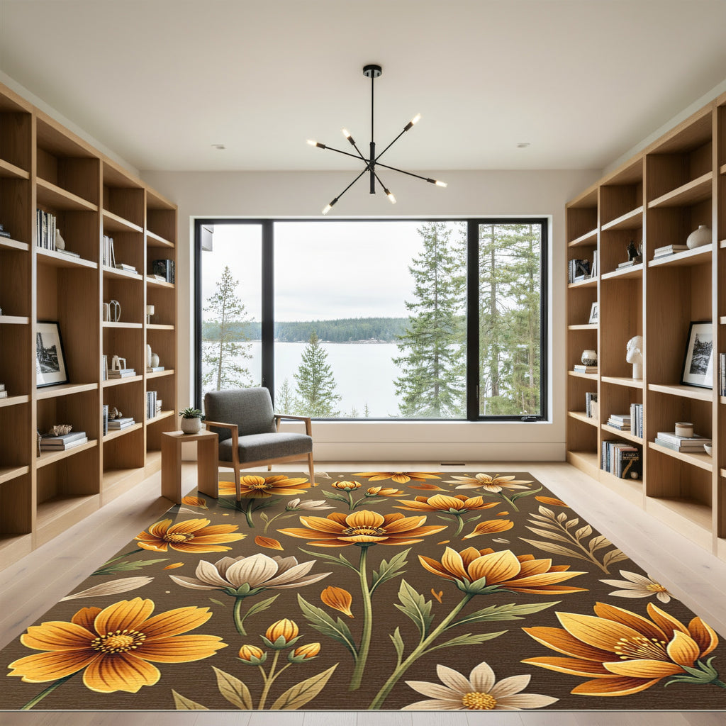 Golden Floral Botanical Meadow Art Rug