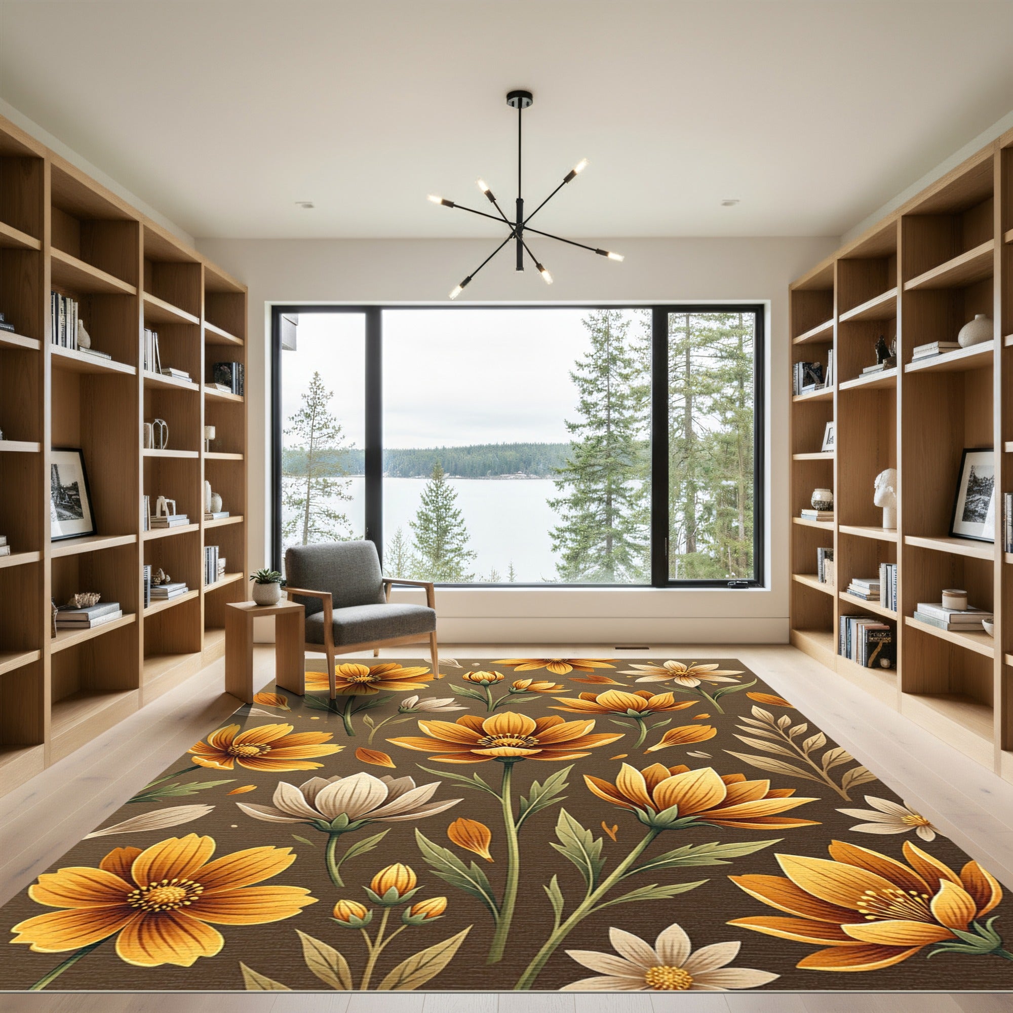 Golden Floral Botanical Meadow Art Rug