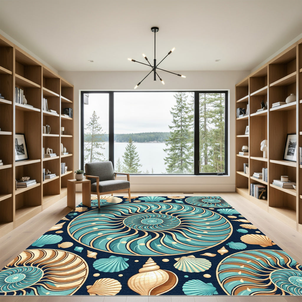 Teal Ocean Nautilus Shell Collage Rug