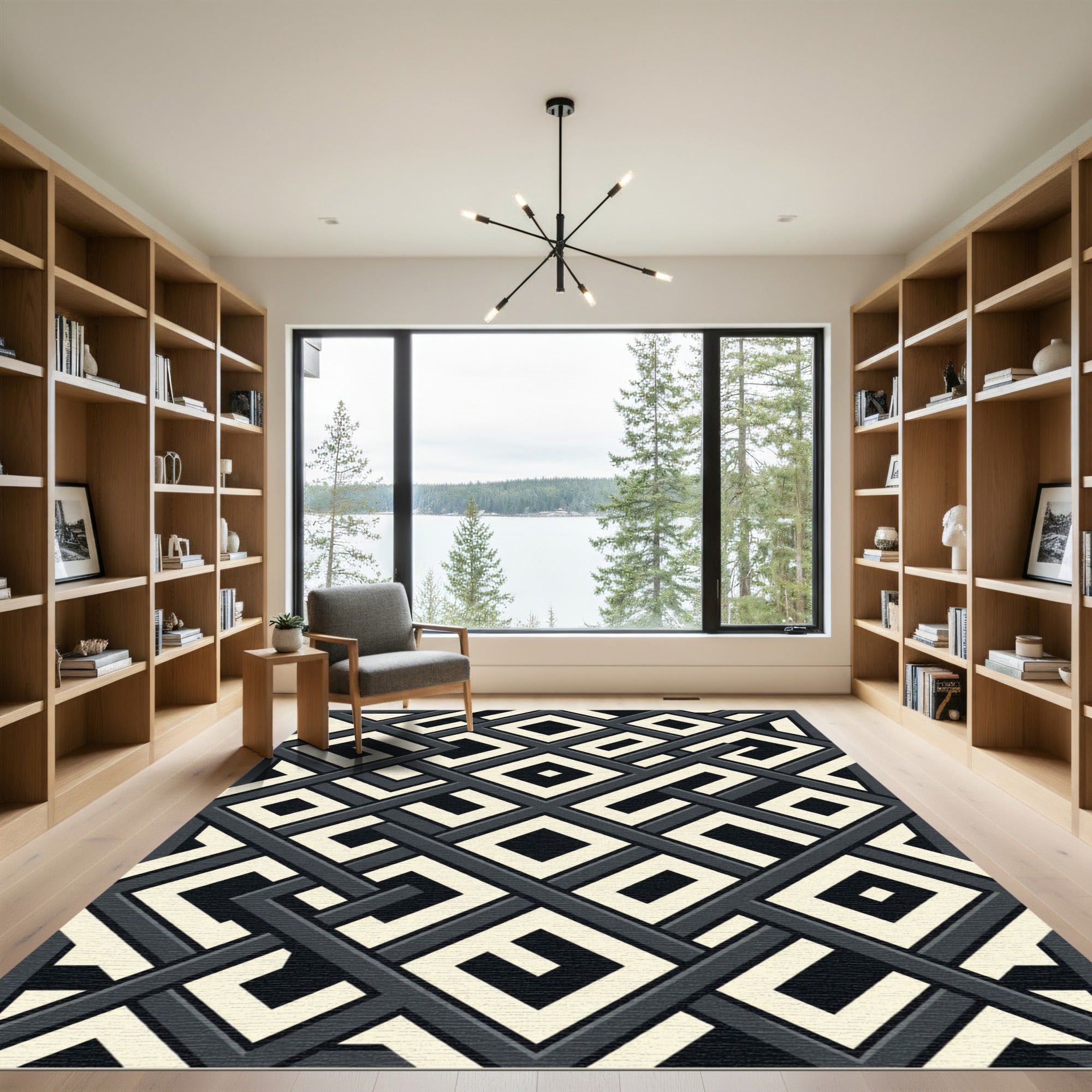 Modern Monochrome Interlocking Geometric Square Art Rug