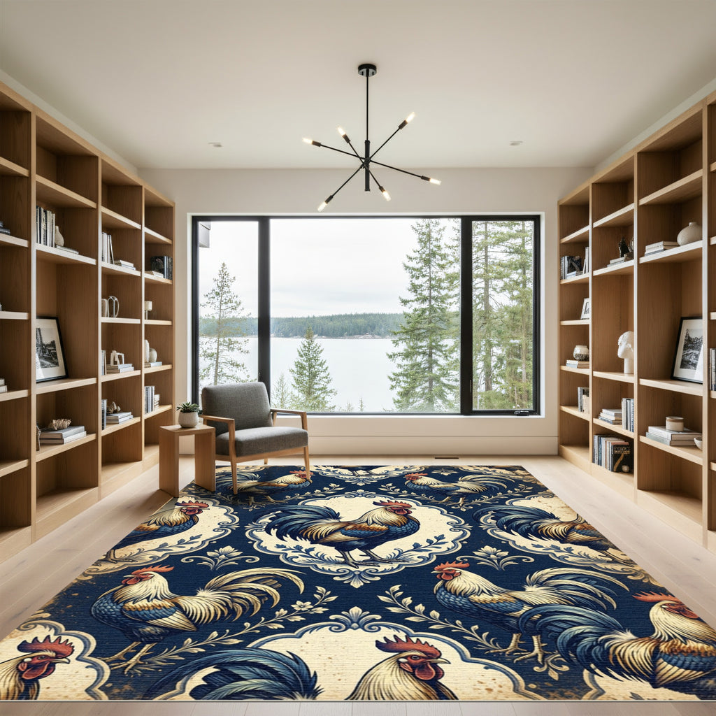 Vintage Navy Rooster Damask Illustration Rug