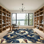 Vintage Navy Rooster Damask Illustration Rug