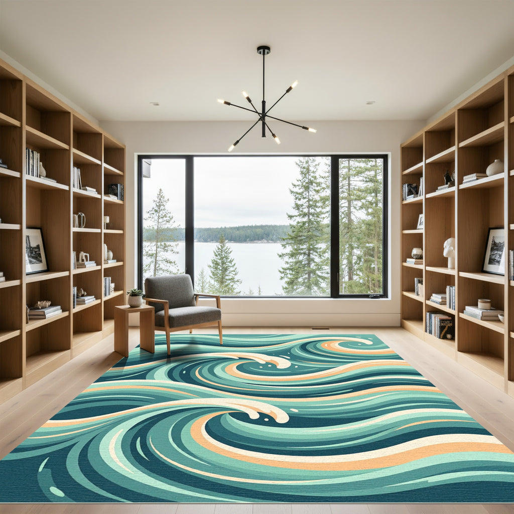 Abstract Teal and Peach Swirling Wave Rug