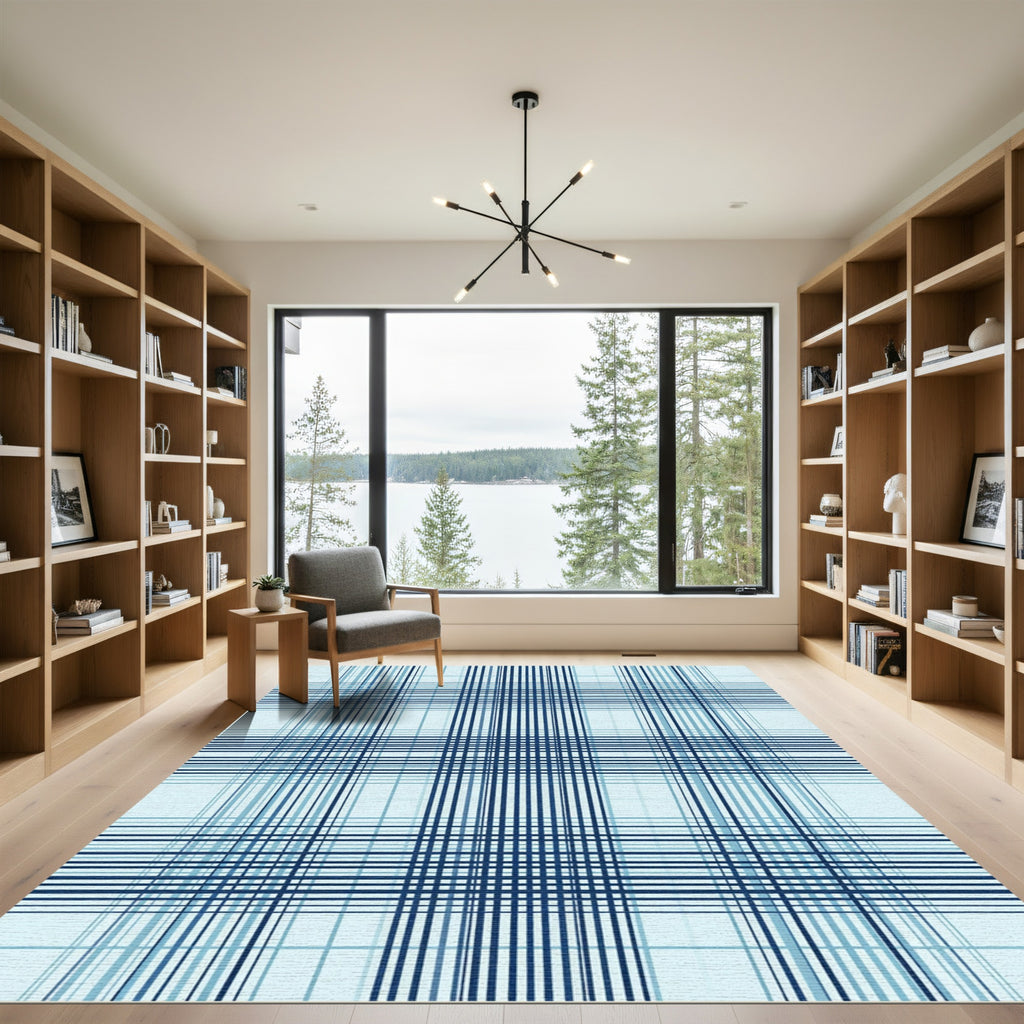 Light Blue Plaid Grid Checkered Rug