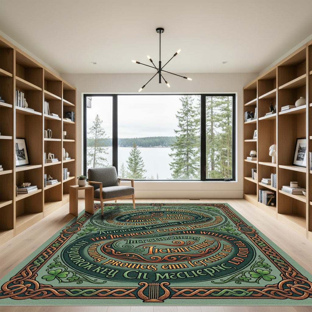Celtic Shamrock Green Calligraphy Harp Rug