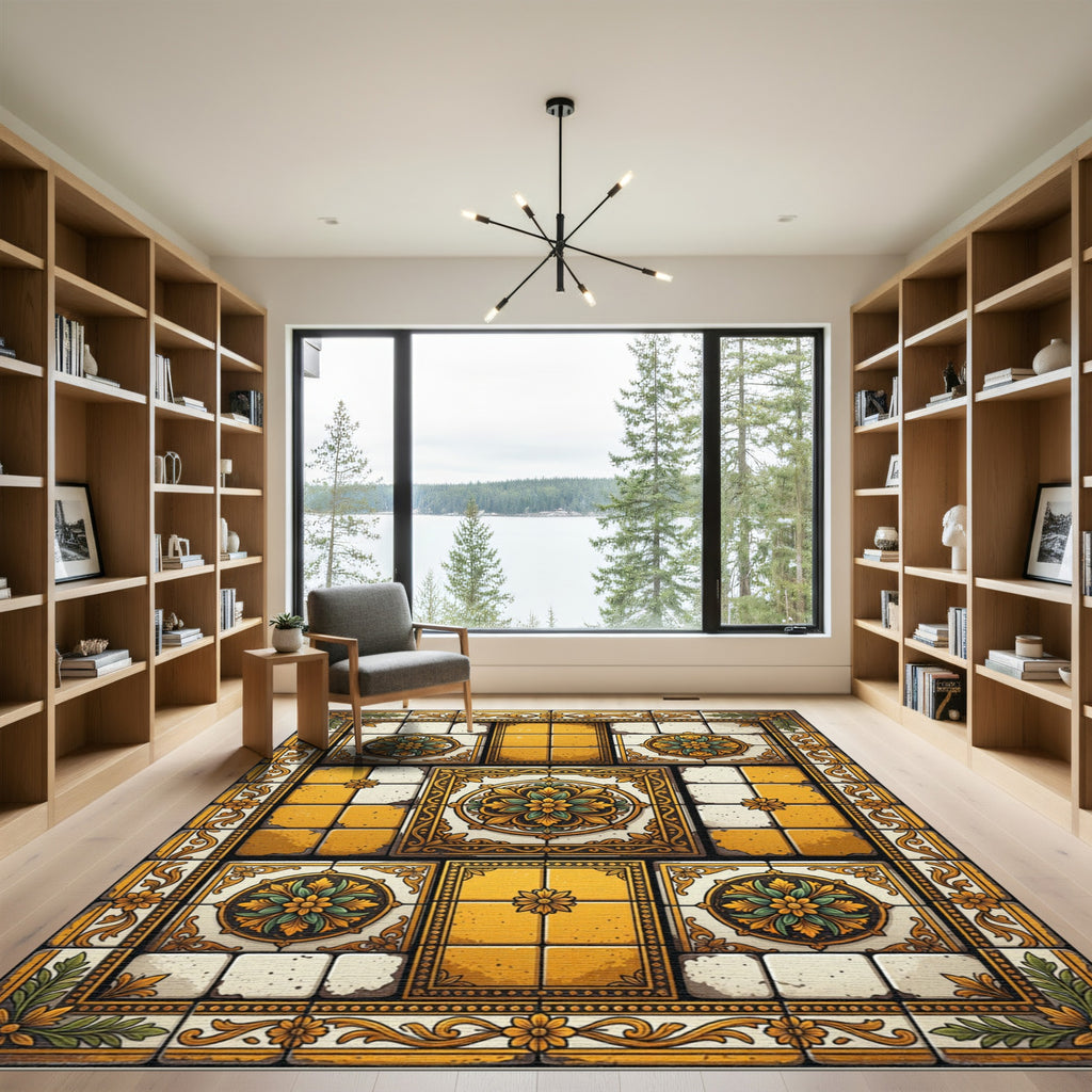 Ornate Yellow Floral Medallion Tiles Rug