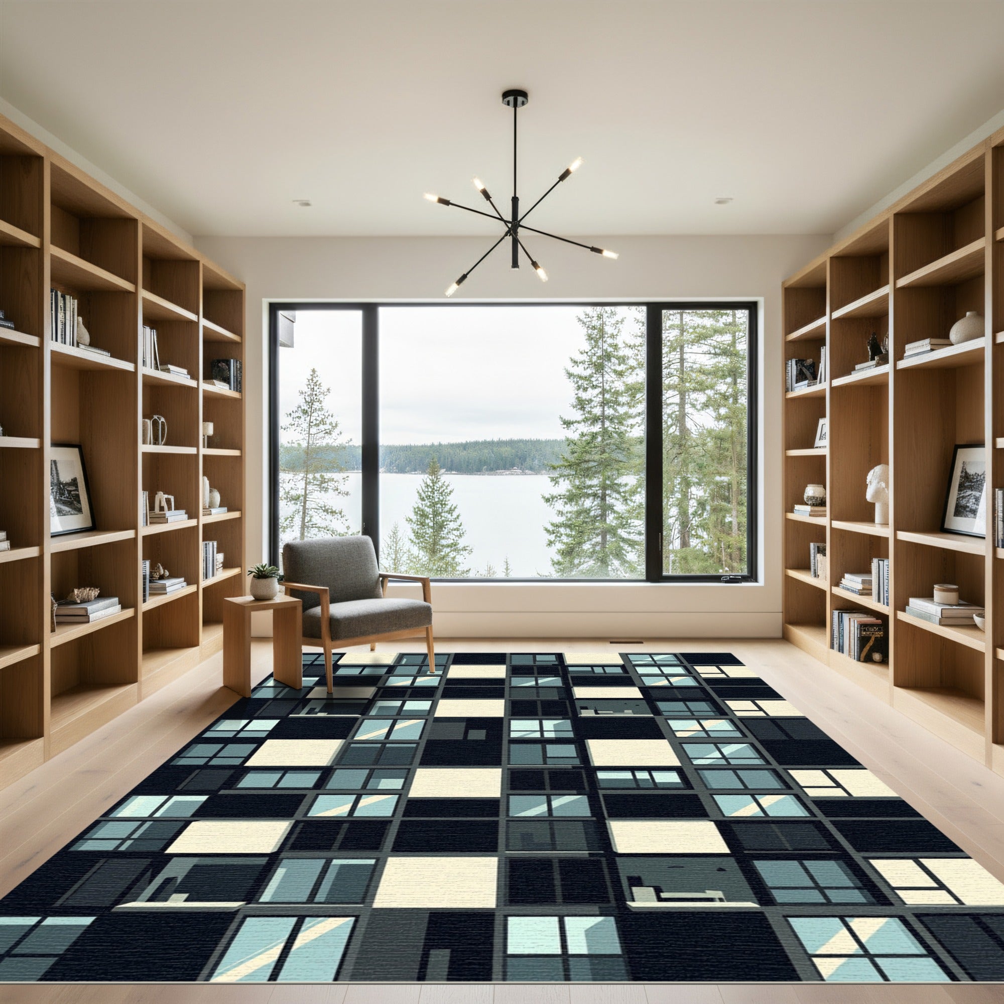 Modern Monochrome Geometric Grid Block Rug