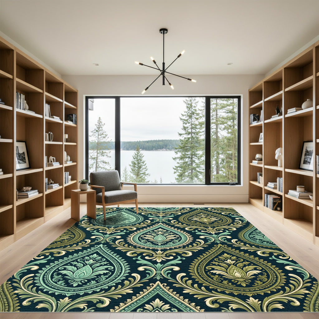 Teal Gold Damask Floral Medallion Rug