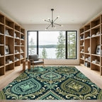 Teal Gold Damask Floral Medallion Rug