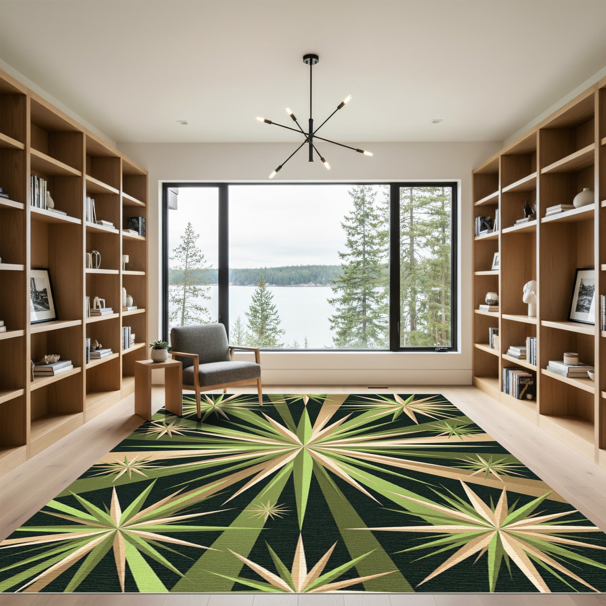 Mid-Century Geometric Olive Gold Starburst Rug
