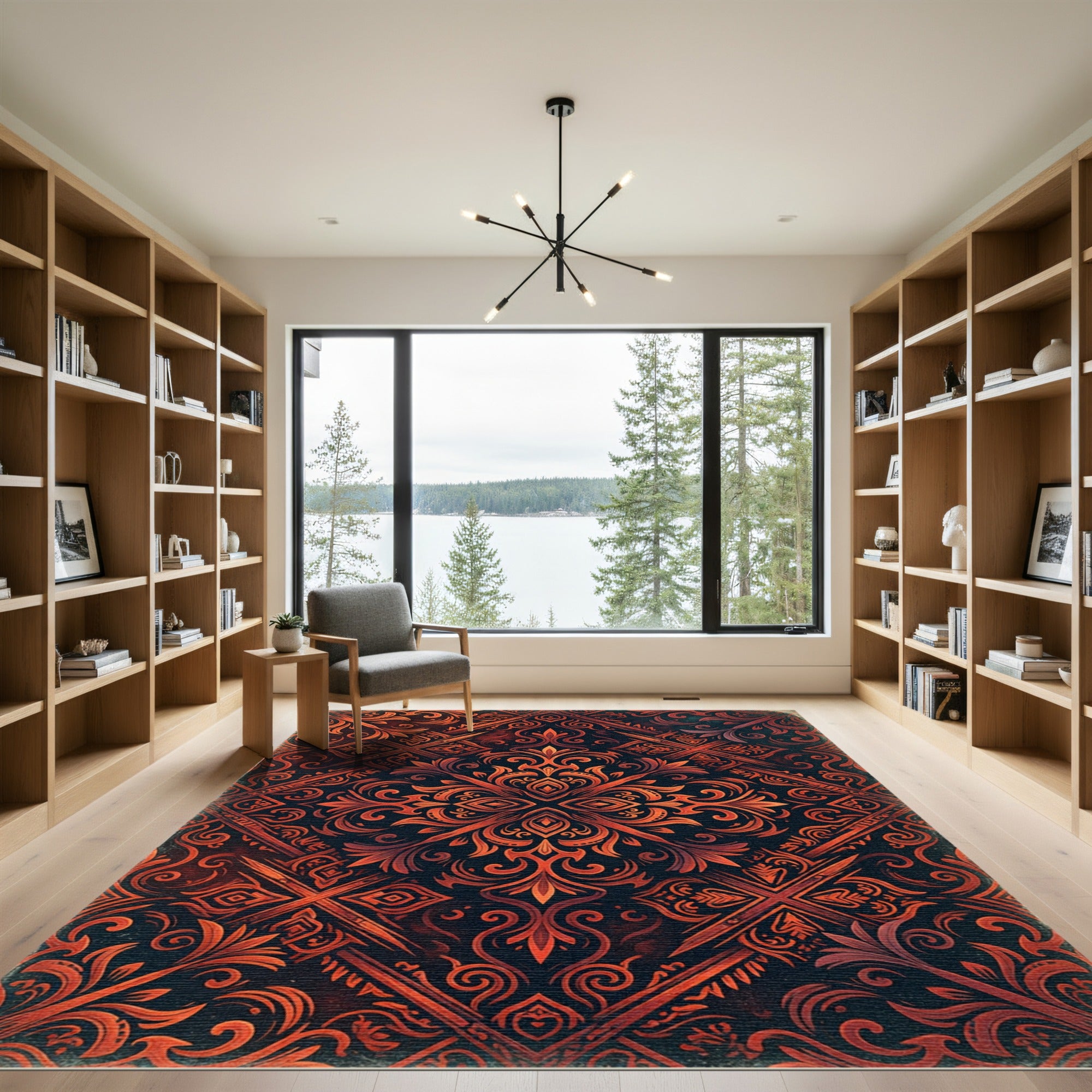 Ornate Fire Orange Floral Intricate Rug