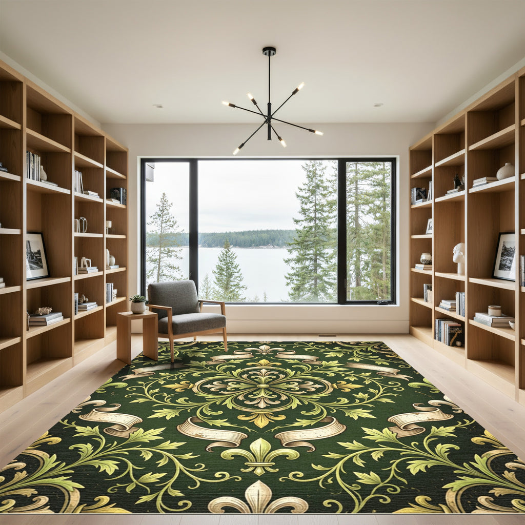 Ornate Emerald Fleur-de-lis Scroll Baroque Rug
