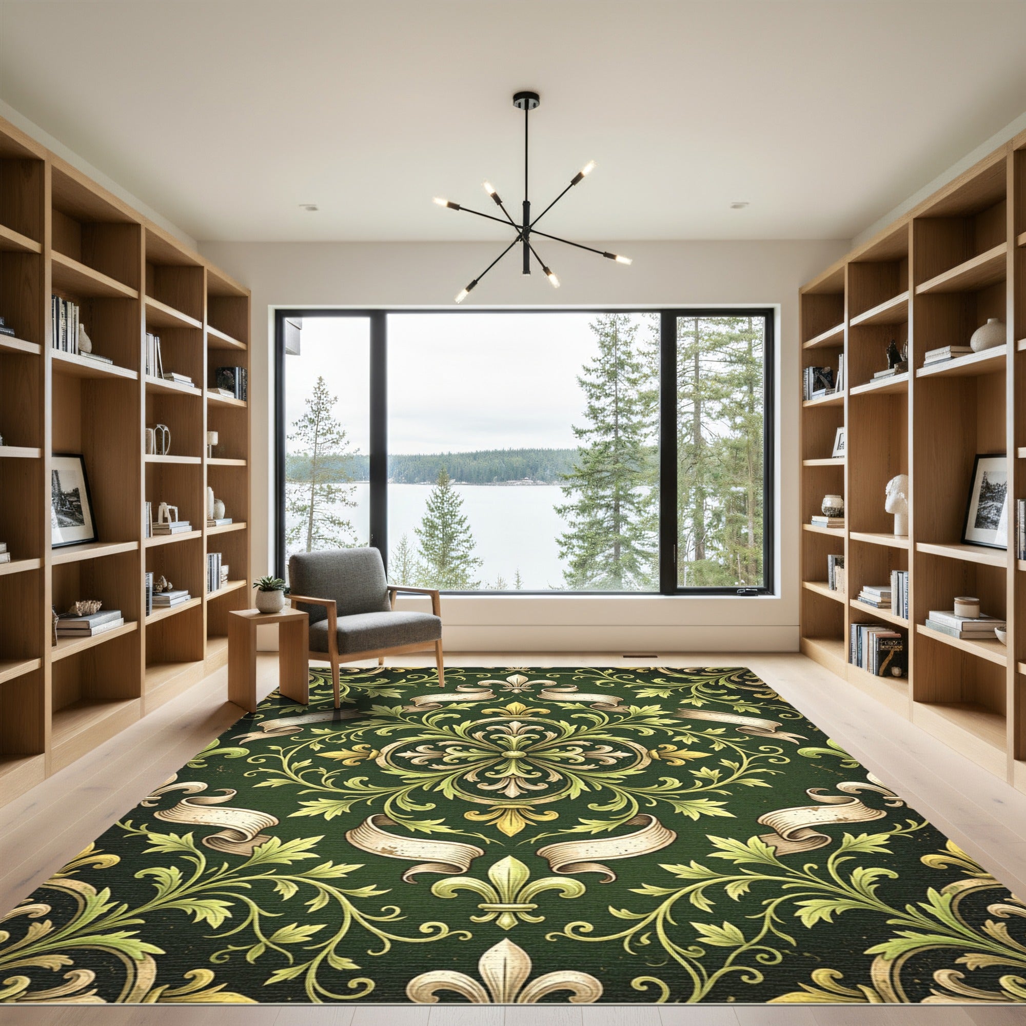 Ornate Emerald Fleur-de-lis Scroll Baroque Rug