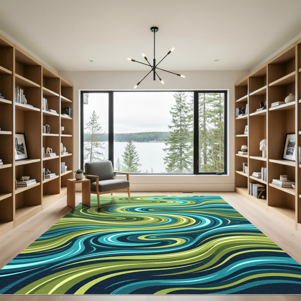 Abstract Teal Green Swirl Flow Rug