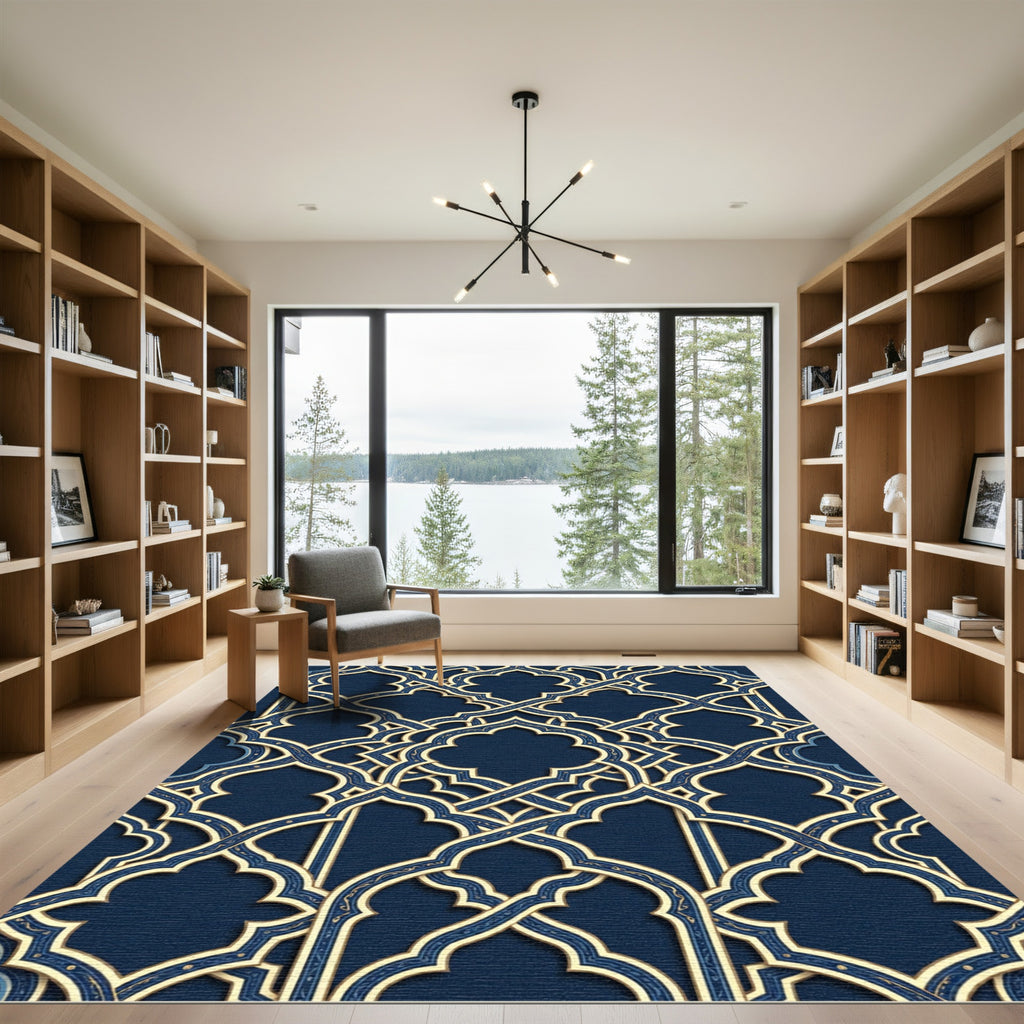 Elegant Navy Gold Interlocking Lattice Rug