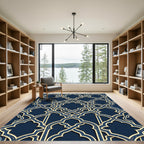 Elegant Navy Gold Interlocking Lattice Rug