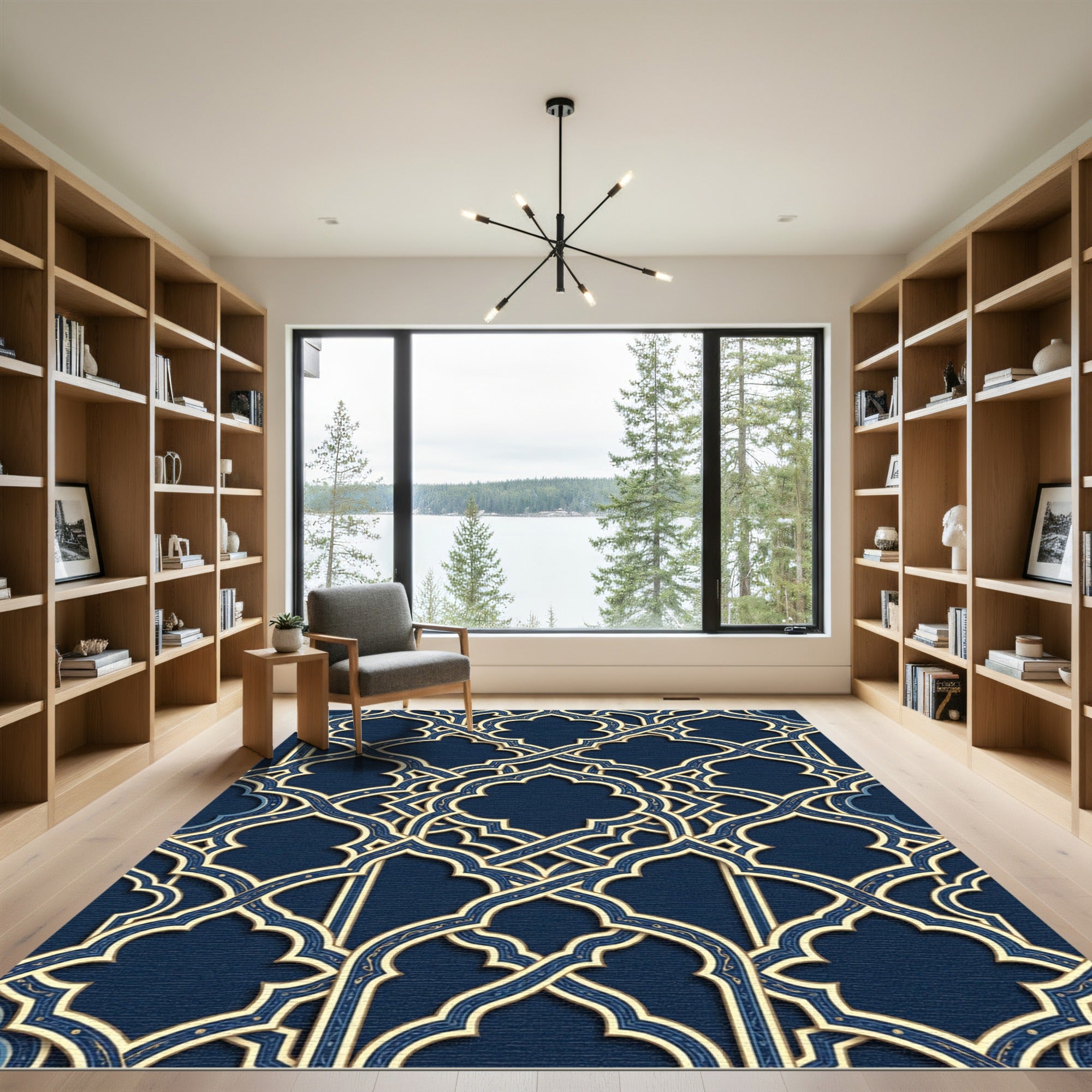 Elegant Navy Gold Interlocking Lattice Rug
