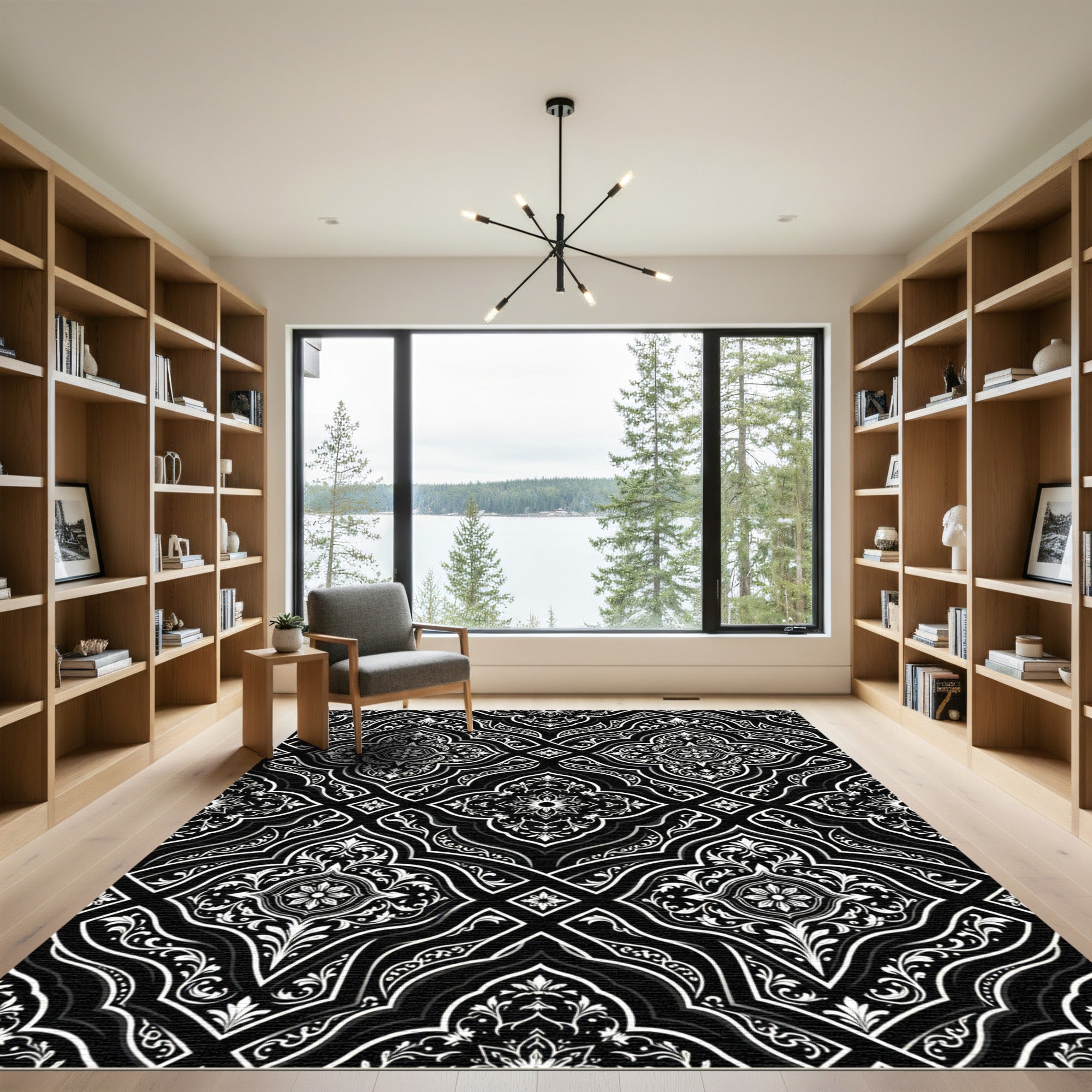 Ornate Black White Floral Arabesque Rug