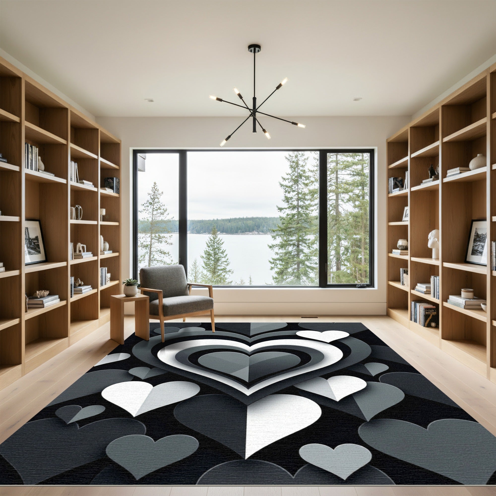 Monochrome Layered Heart Abstract Rug