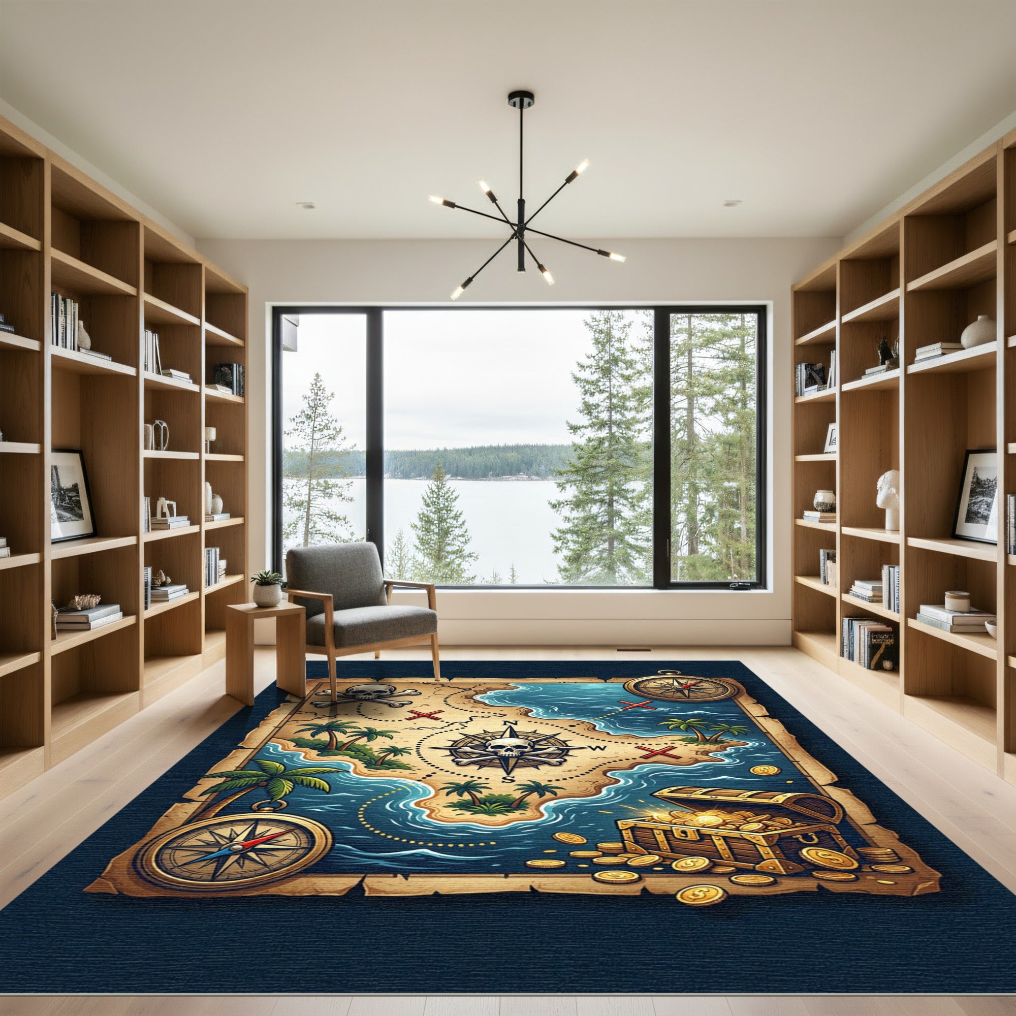 Aged Pirate Map Skull Treasure Chest Rug