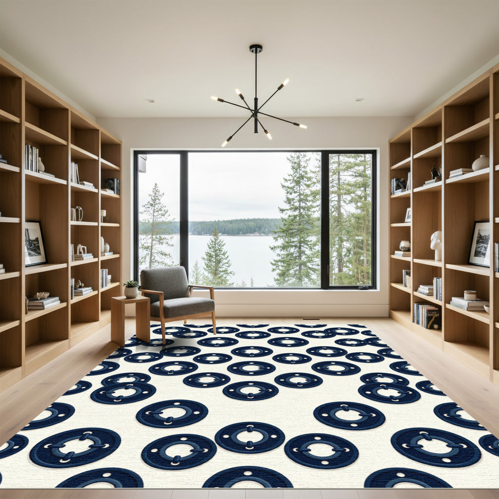 Navy Blue Circular Geometric Graphic Rug