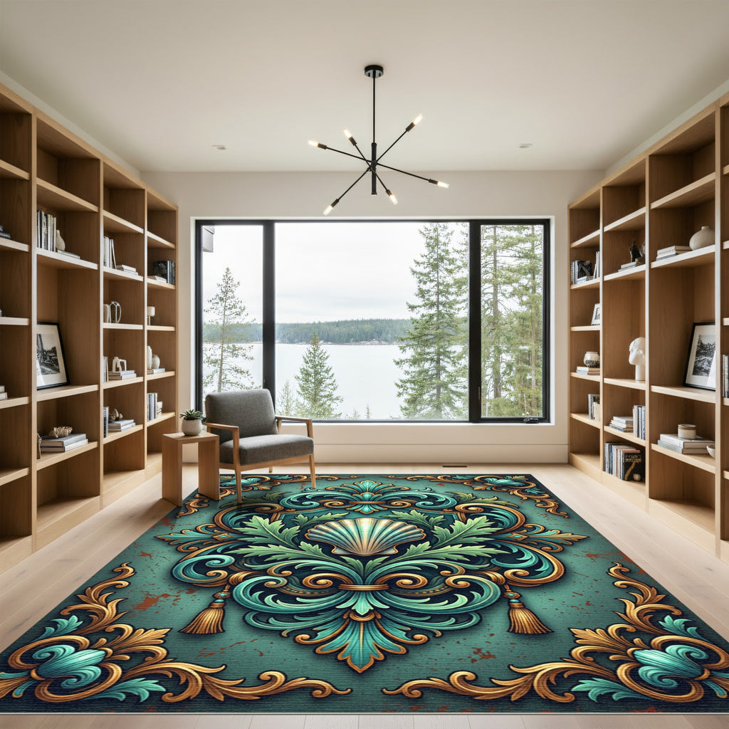 Ornate Teals Gold Scalloped Shell Scrollwork Rug