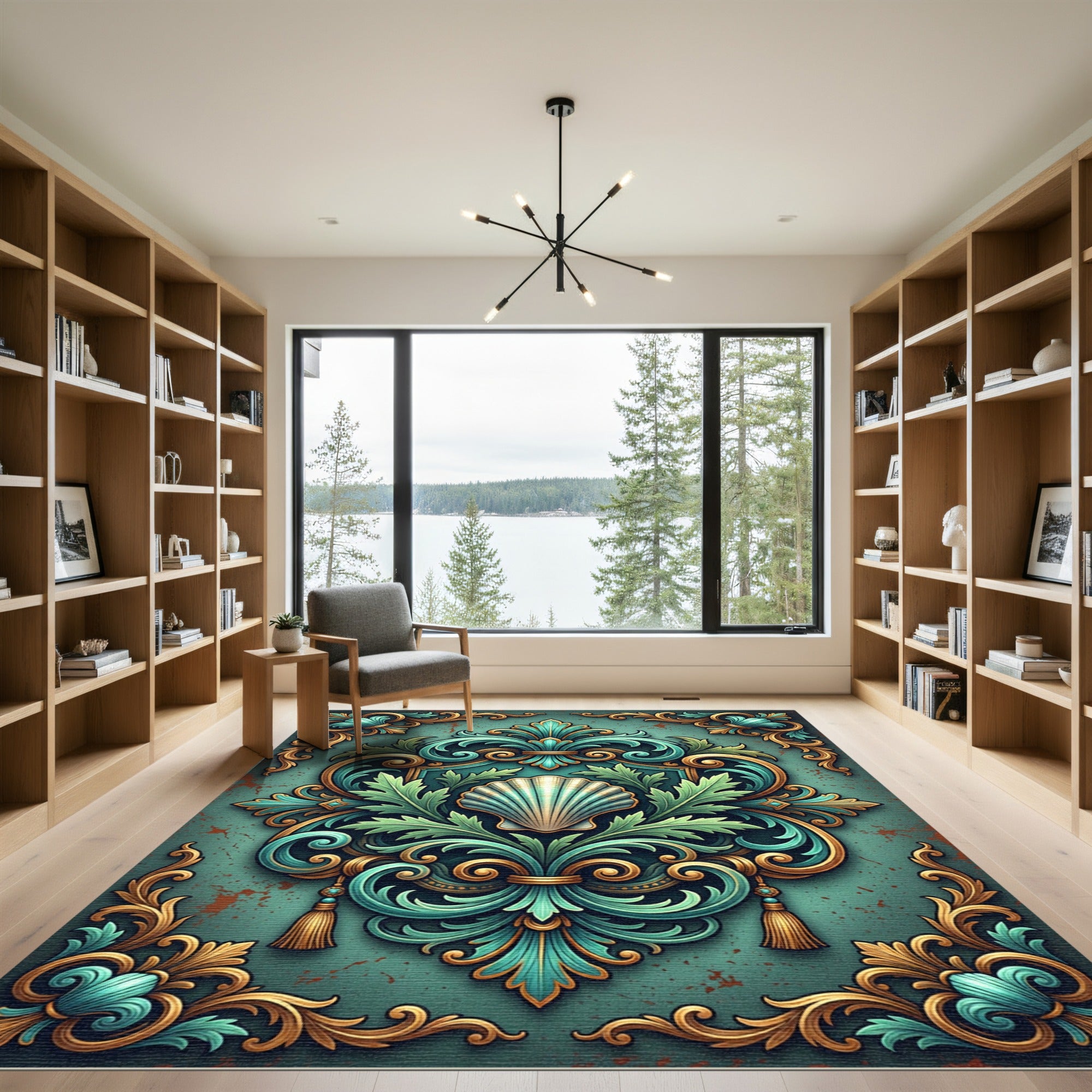 Ornate Teals Gold Scalloped Shell Scrollwork Rug