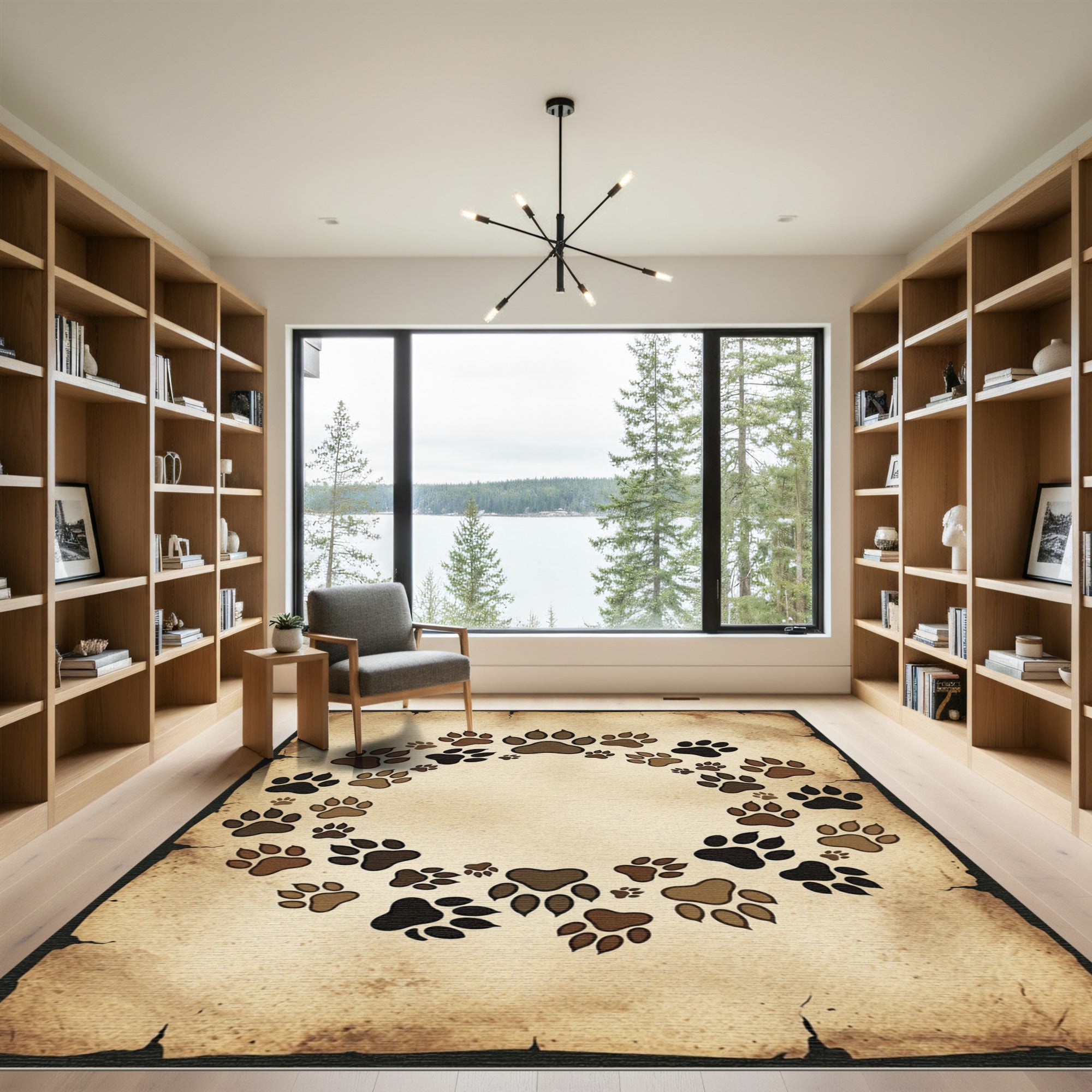 Rustic Earthy Paw Print Circular Border Rug