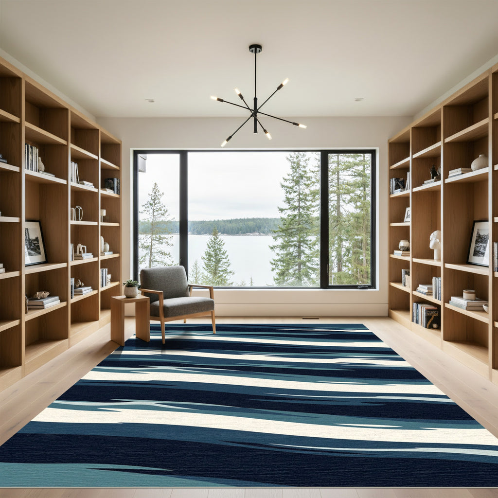 Abstract Navy Blue Striated Wave Rug