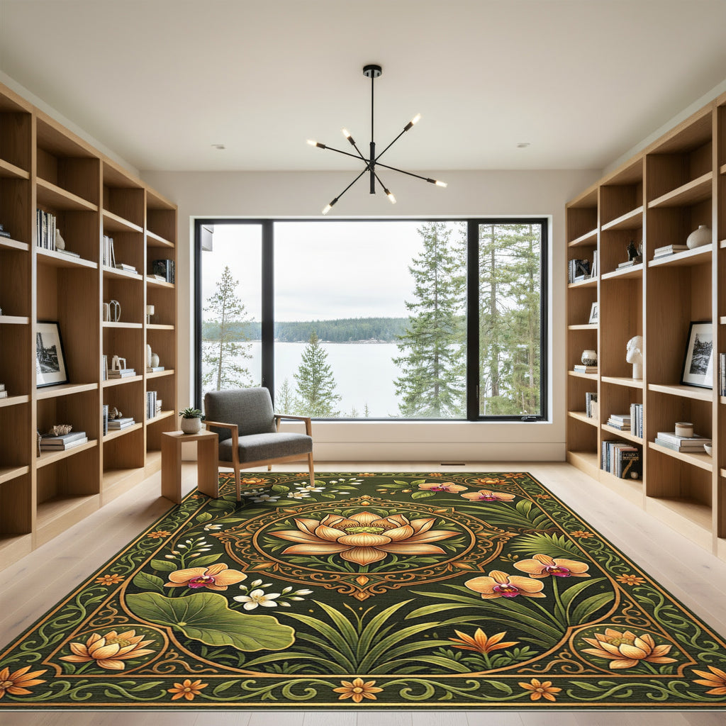 Earthy Gold Lotus Orchid Botanical Tapestry Rug